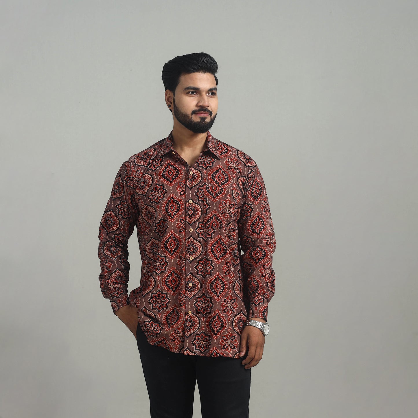 Brown - Natural Dyed Cotton Men Ajrakh Print Shirt 02