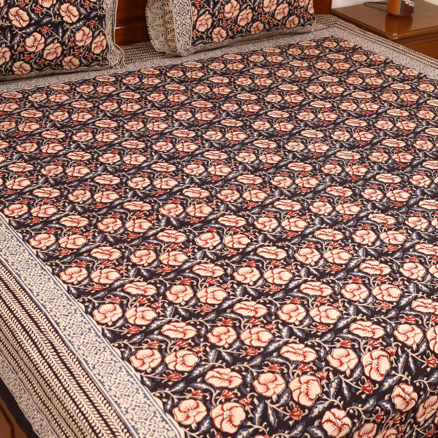 Bagru Hand Block Print Natural Dyed Cotton Double Bedsheet Set (108 x 90 in) 21