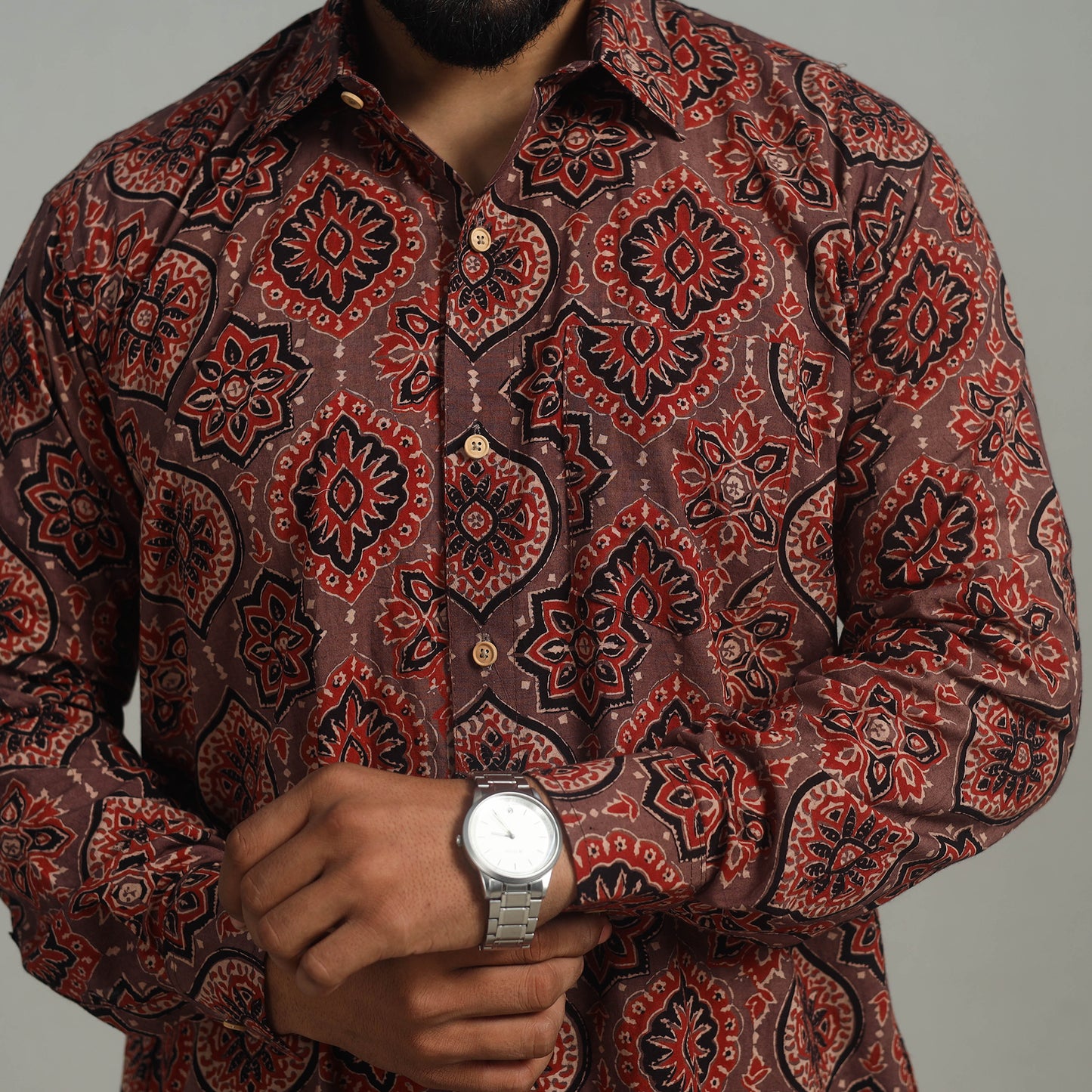 Brown - Natural Dyed Cotton Men Ajrakh Print Shirt 02