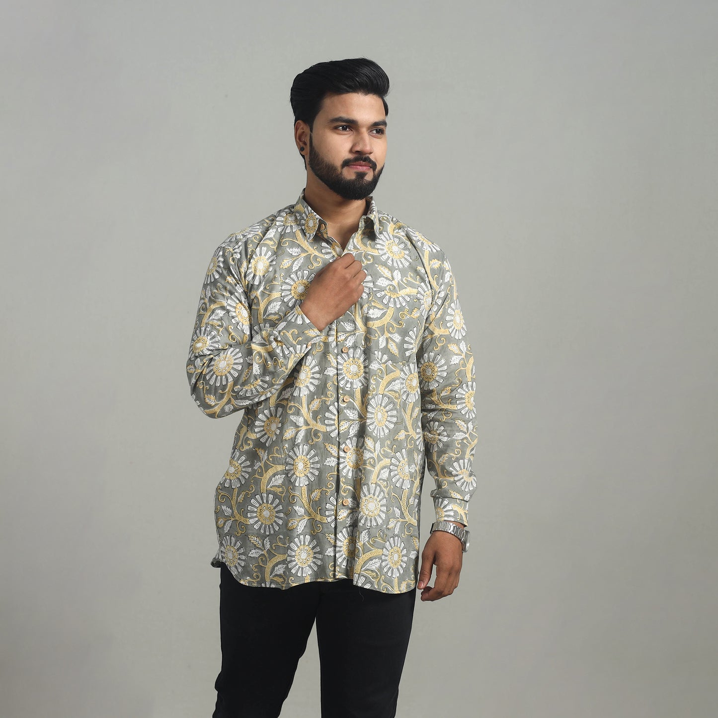 Grey - Full Sleeve Cotton Men Sanganeri Print Shirt 06