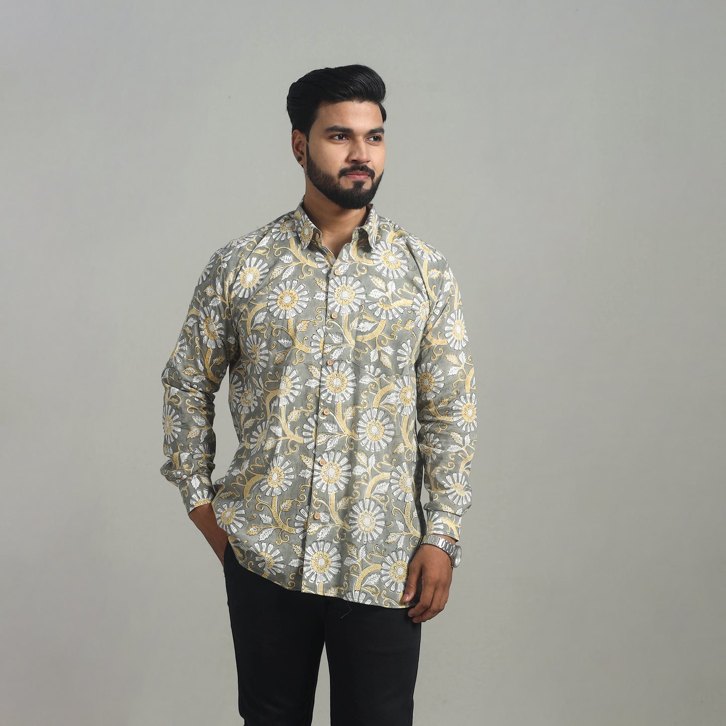 Grey - Full Sleeve Cotton Men Sanganeri Print Shirt 06