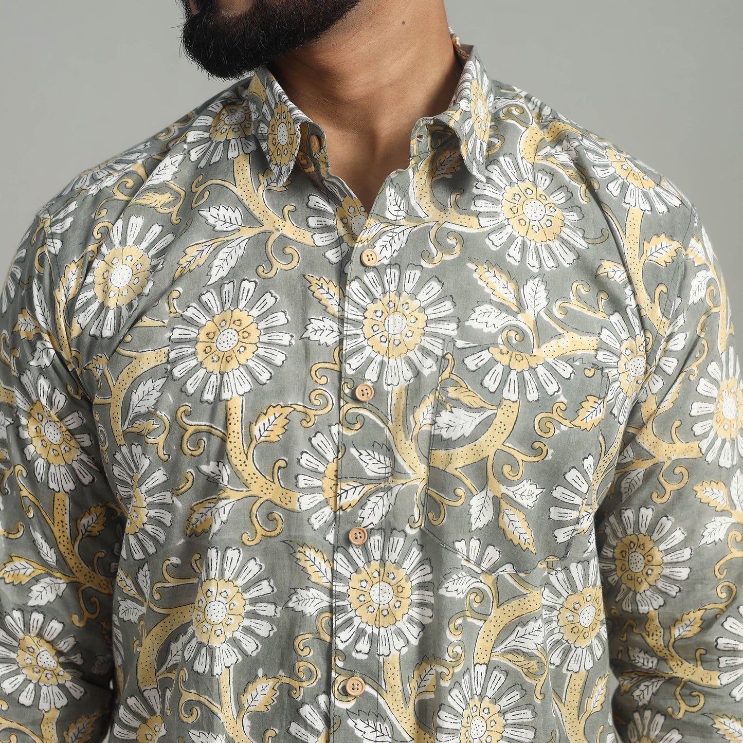 Grey - Full Sleeve Cotton Men Sanganeri Print Shirt 06