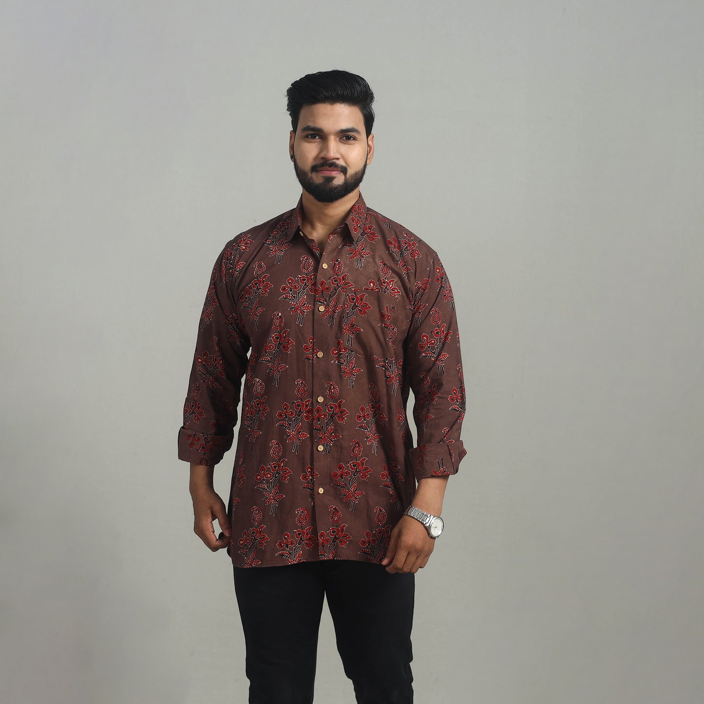 Brown - Natural Dyed Cotton Men Ajrakh Print Shirt 11