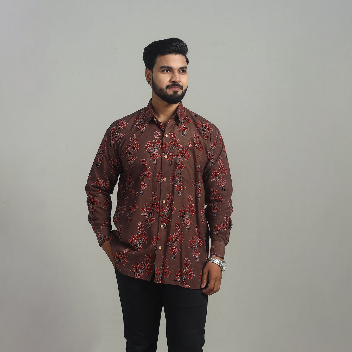 Brown - Natural Dyed Cotton Men Ajrakh Print Shirt 11