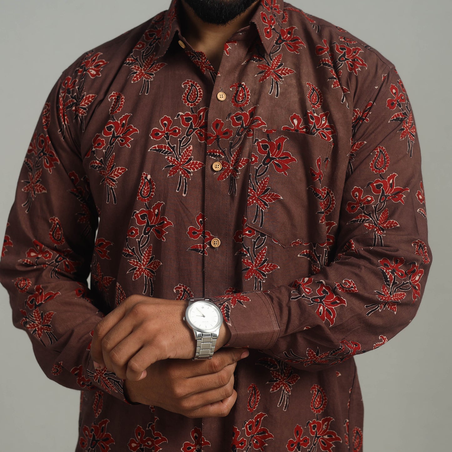 Brown - Natural Dyed Cotton Men Ajrakh Print Shirt 11