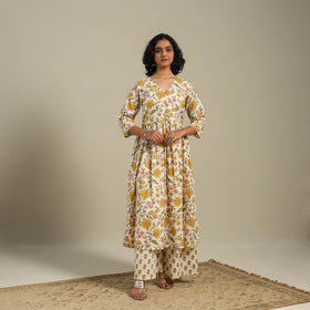Yellow Flared Cotton Jaipur Print Kurta Set (Set of 2)