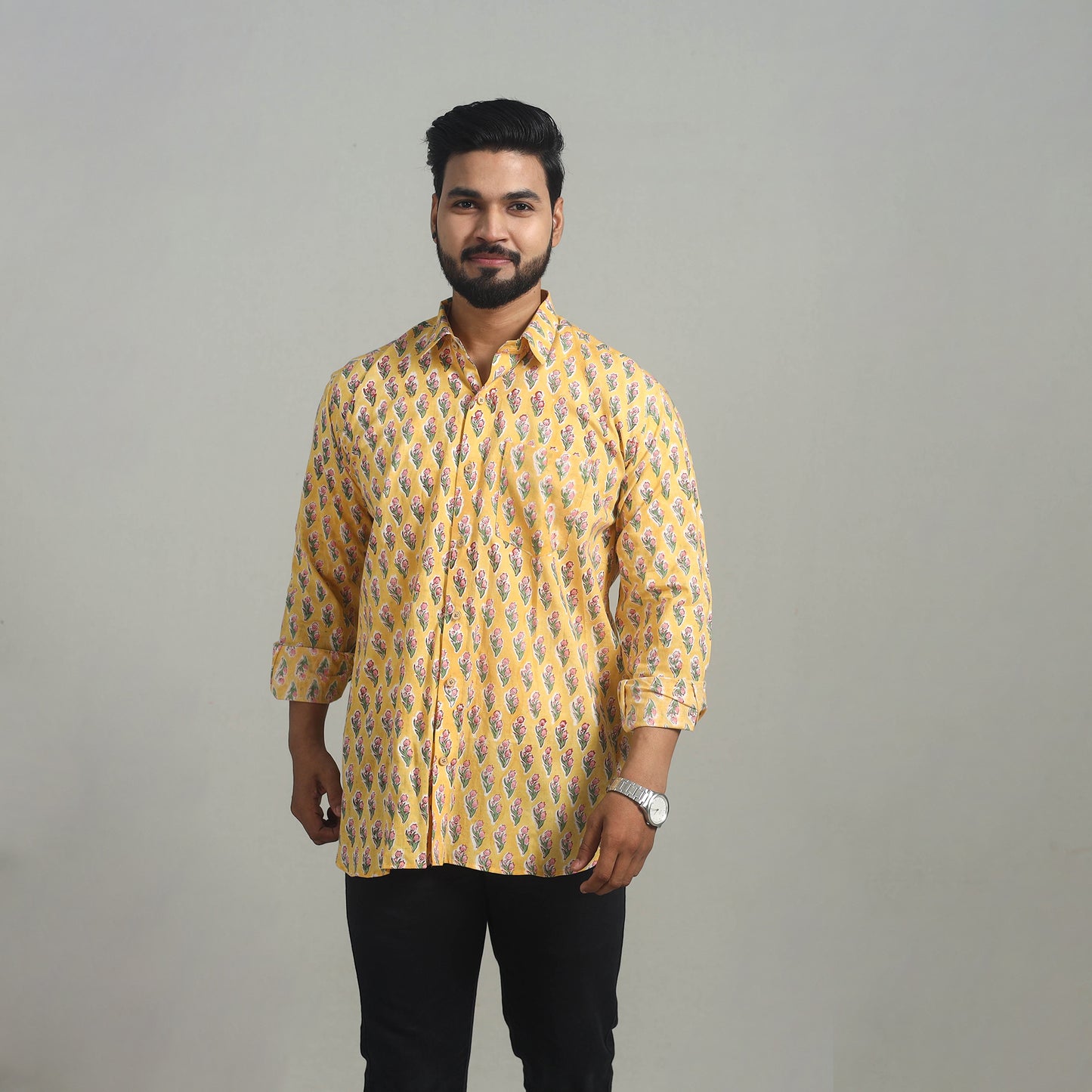 Yellow - Full Sleeve Cotton Men Sanganeri Print Shirt 10