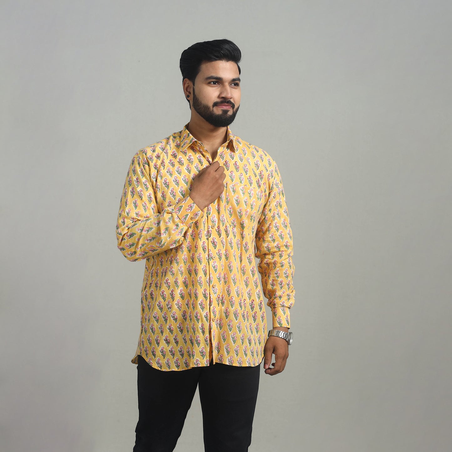 Yellow - Full Sleeve Cotton Men Sanganeri Print Shirt 10