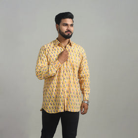 Buy Full Sleeve Cotton Men Sanganeri Print Yellow Shirt