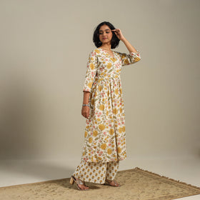 Yellow Flared Cotton Jaipur Print Kurta Set (Set of 2)