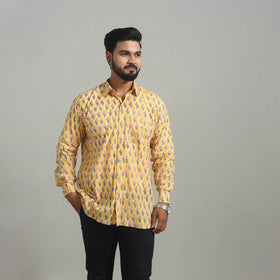 Buy Full Sleeve Cotton Men Sanganeri Print Yellow Shirt