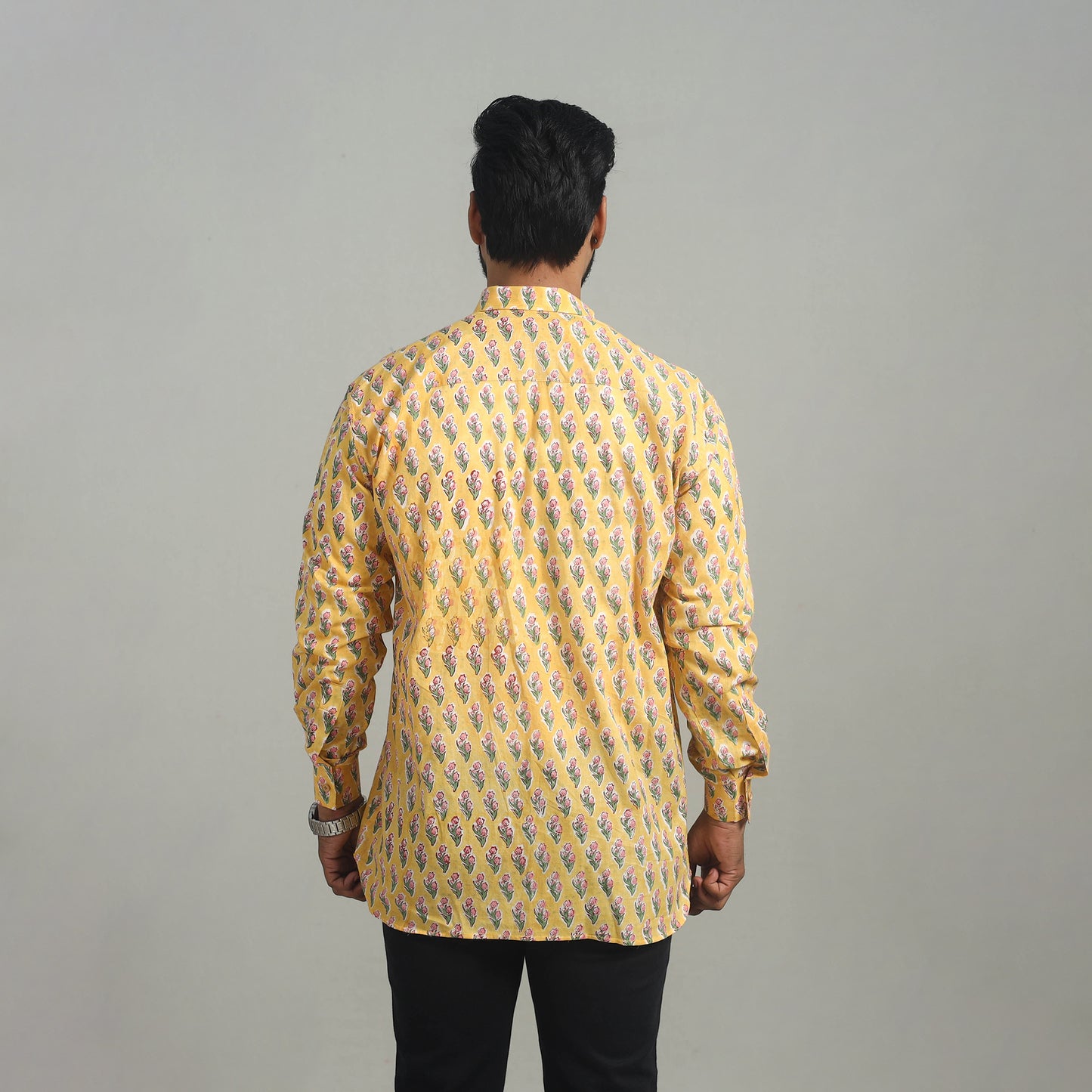 Yellow - Full Sleeve Cotton Men Sanganeri Print Shirt 10