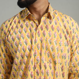 Buy Full Sleeve Cotton Men Sanganeri Print Yellow Shirt