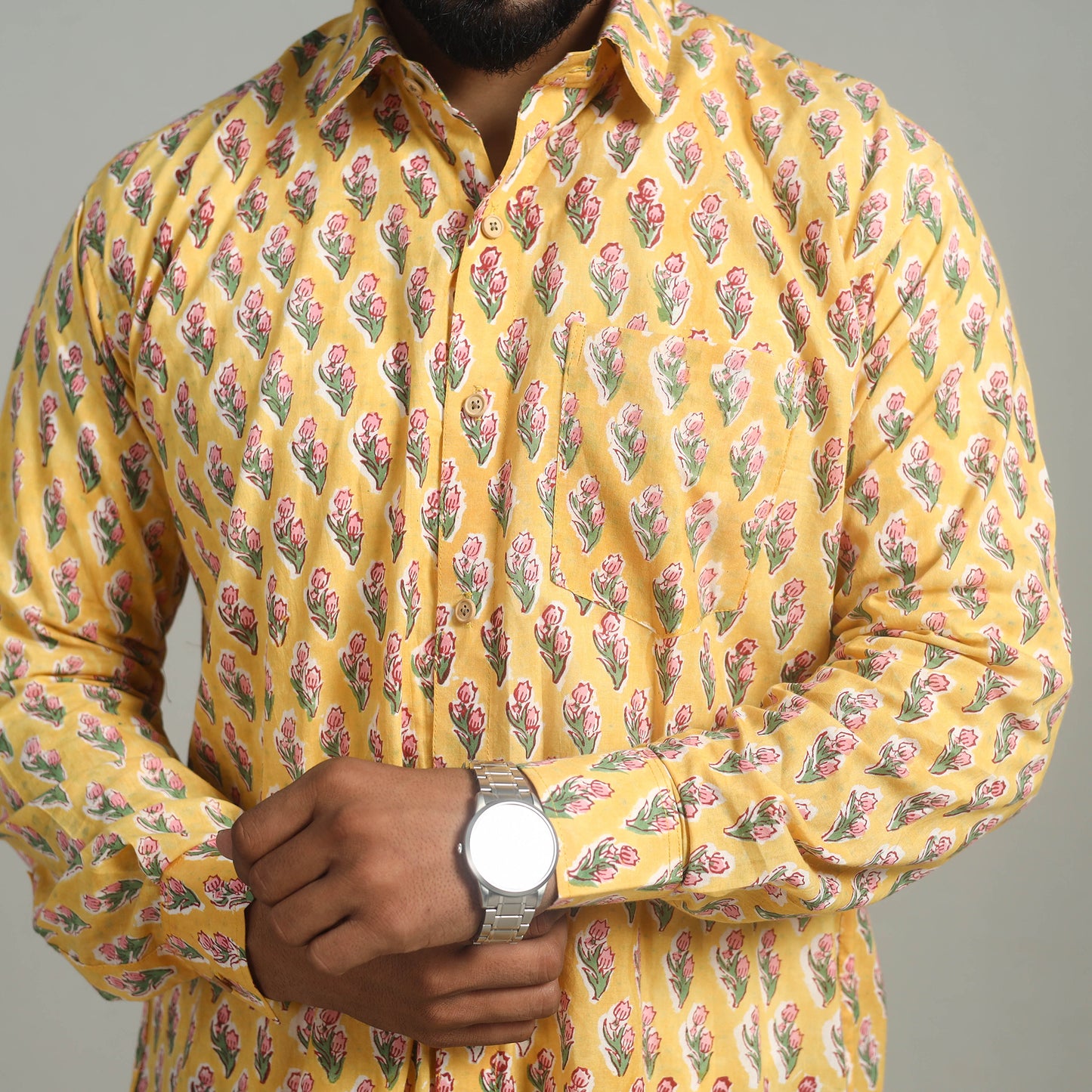 Yellow - Full Sleeve Cotton Men Sanganeri Print Shirt 10