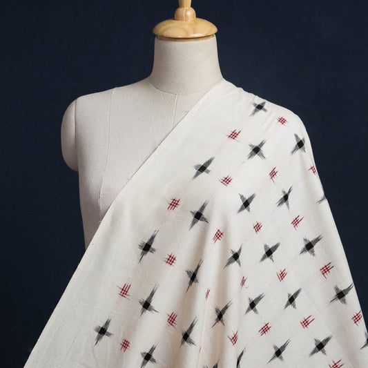 White - Cream with Red & Black Pochampally Double Ikat Handloom Cotton Fabric