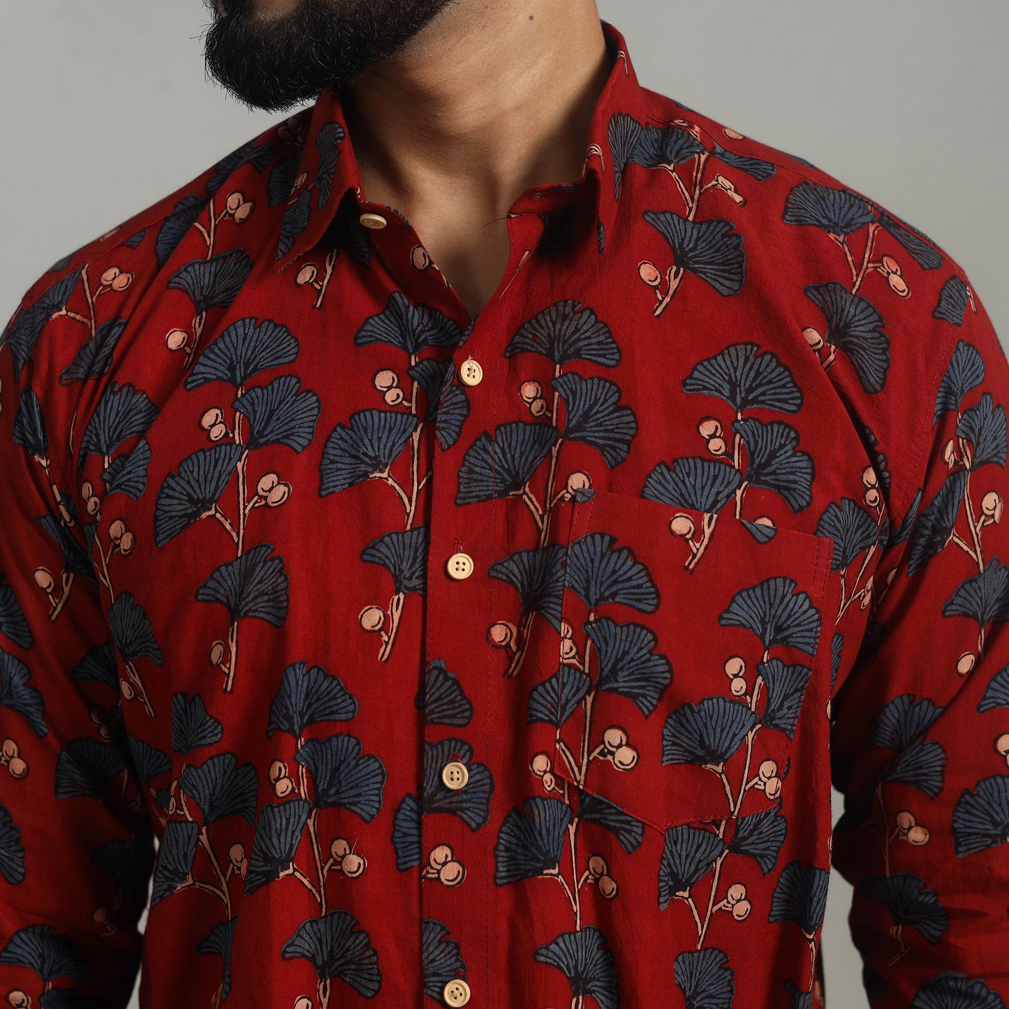 Red - Natural Dyed Cotton Men Ajrakh Print Shirt 12