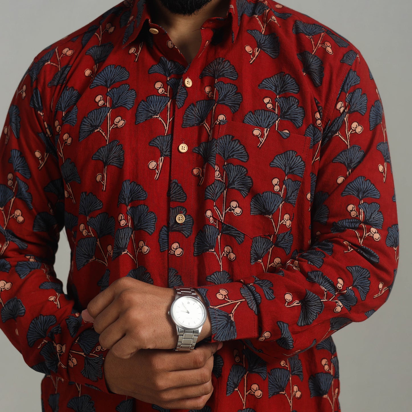 Red - Natural Dyed Cotton Men Ajrakh Print Shirt 12