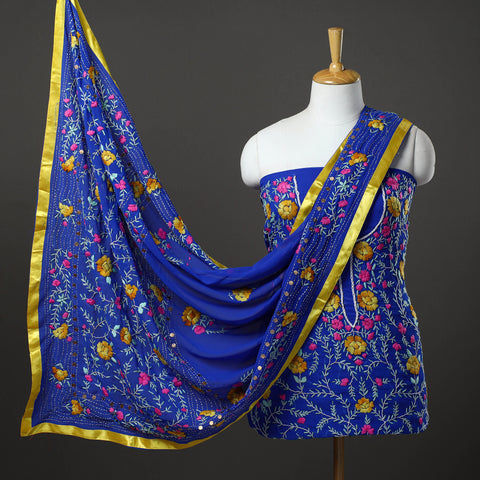 Blue - 3pc Hand Embroidery Georgette Phulkari Dress Material 29