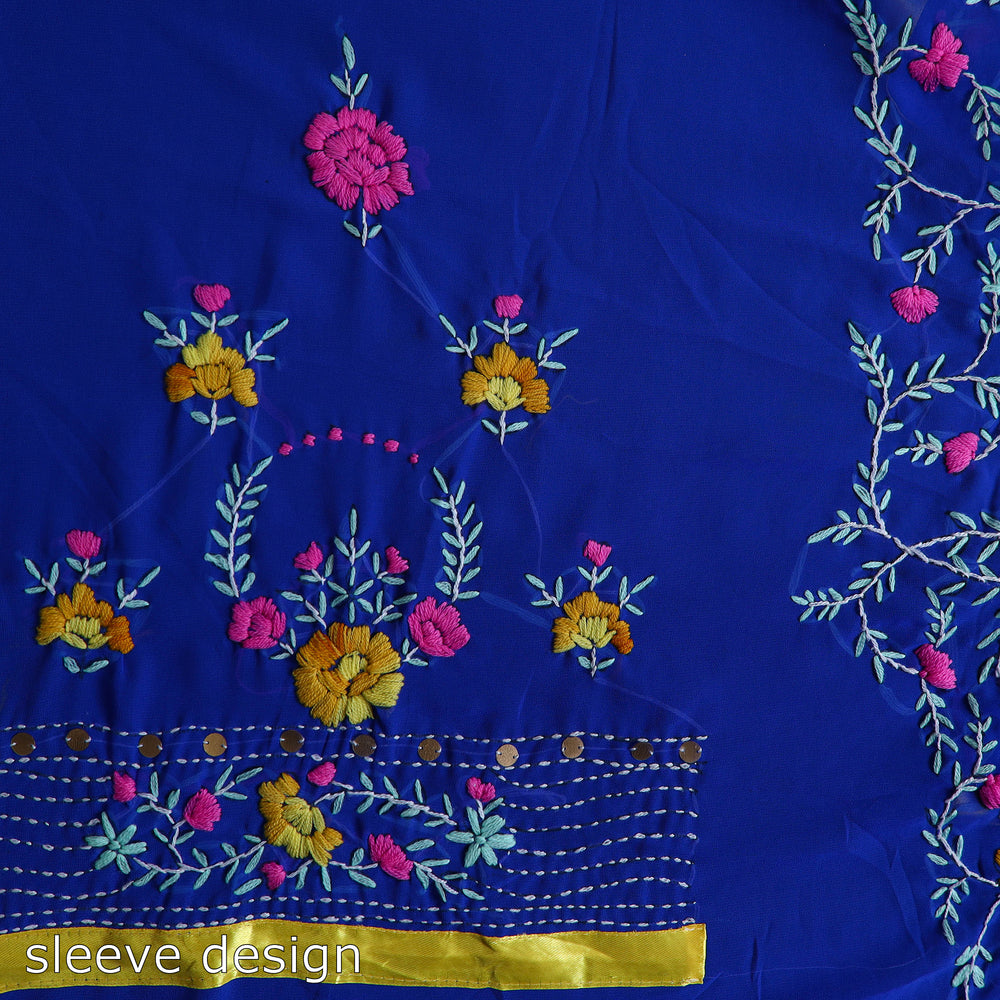 Blue - 3pc Hand Embroidery Georgette Phulkari Dress Material 29