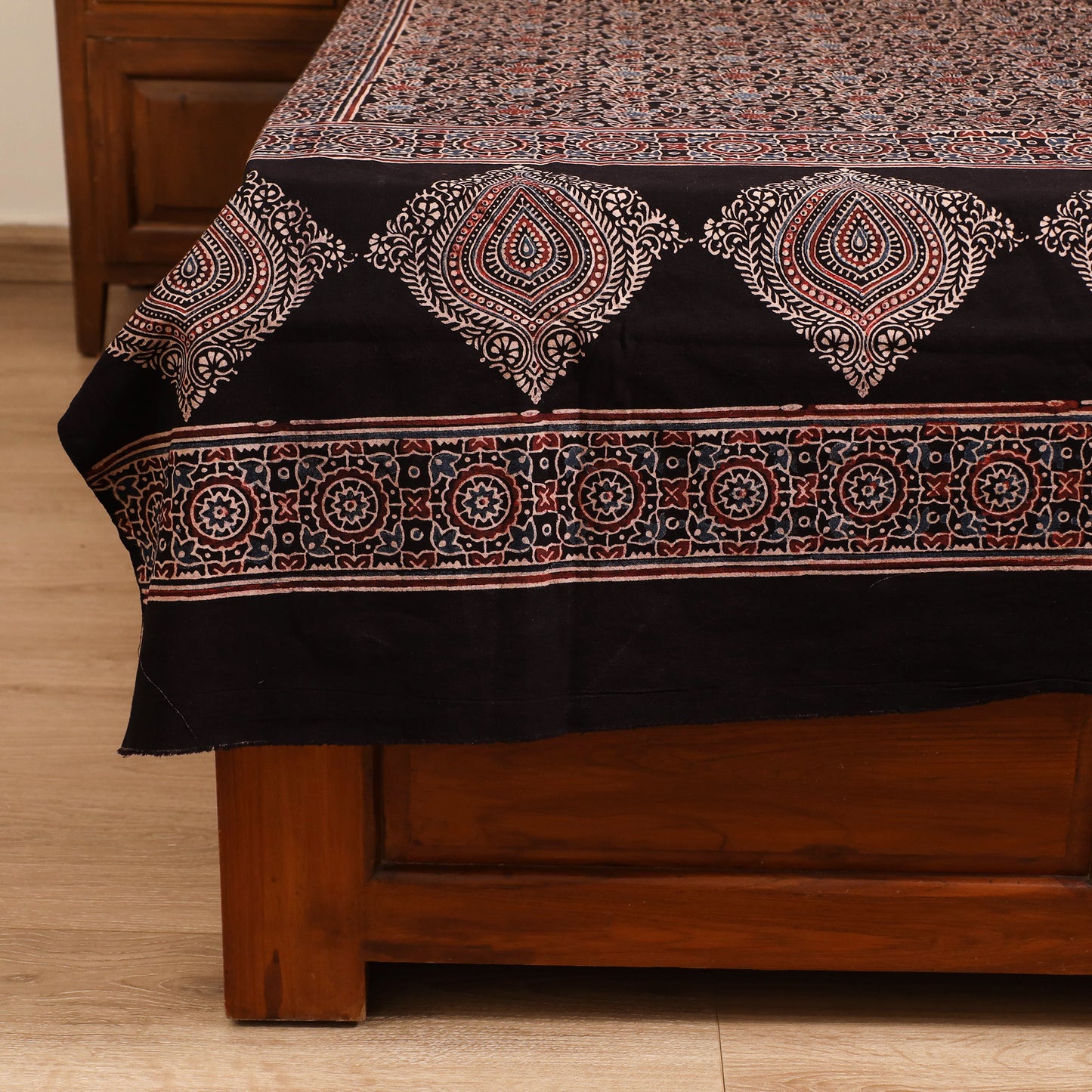 Ajrakh Hand Block Print Natural Dyed Cotton Single Bed Sheet (90 x 60 in) 01