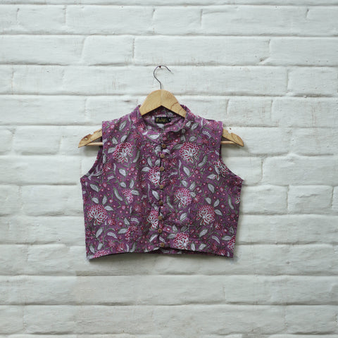 Buy Purple Block Print Cotton Sanganeri Stitched Blouse