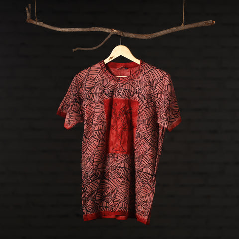 Red - Bindaas Natural Dyed Art Block Print Round Neck T-shirt in Pure Cotton