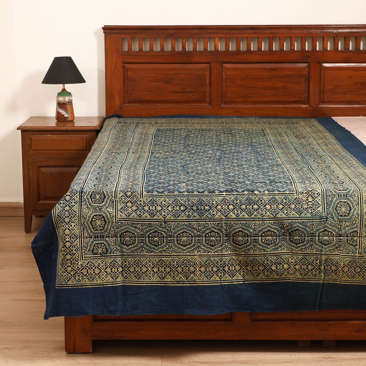 Ajrakh Hand Block Print Natural Dyed Cotton Single Bed Sheet (90 x 60 in) 03