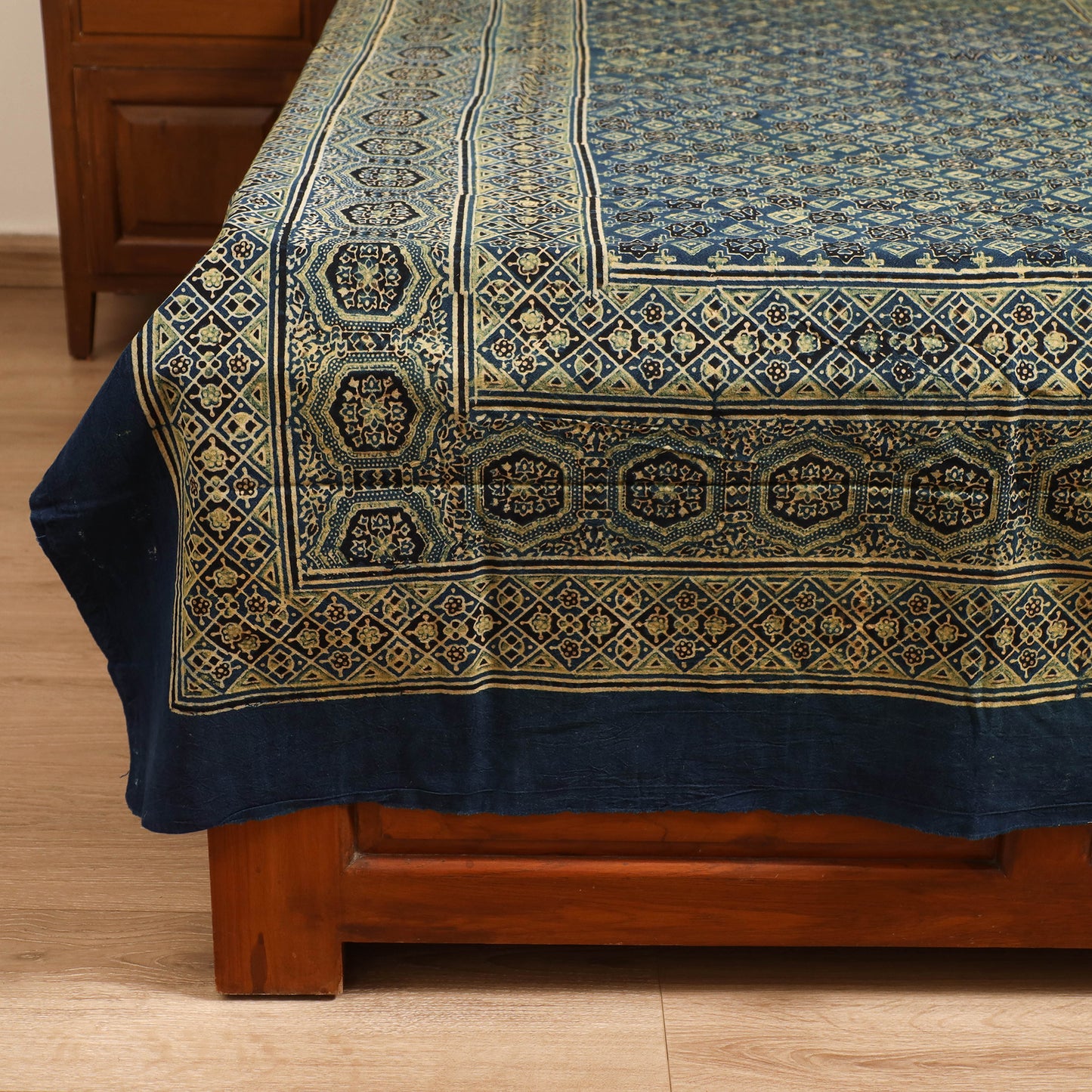 Ajrakh Hand Block Print Natural Dyed Cotton Single Bed Sheet (90 x 60 in) 03