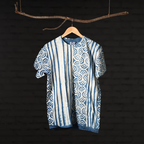 Blue - Bindaas Natural Dyed Art Block Print Round Neck T-shirt in Pure Cotton