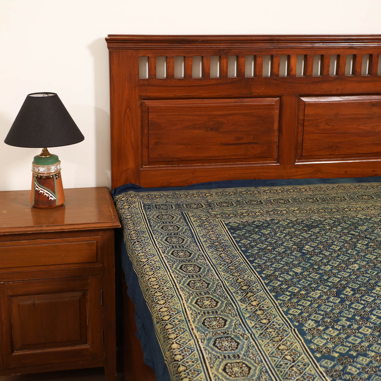 Ajrakh Hand Block Print Natural Dyed Cotton Single Bed Sheet (90 x 60 in) 03
