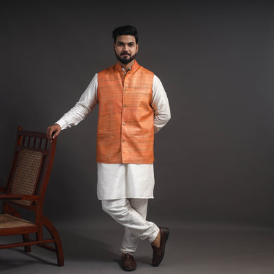 Orange - Vidarbha Tussar x Ghicha Silk Handloom Nehru Jacket 04