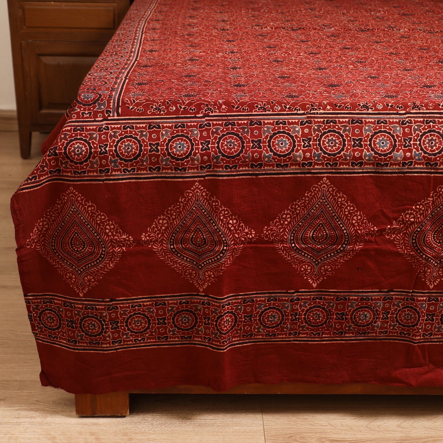 Ajrakh Hand Block Print Natural Dyed Cotton Single Bed Sheet (90 x 60 in) 05