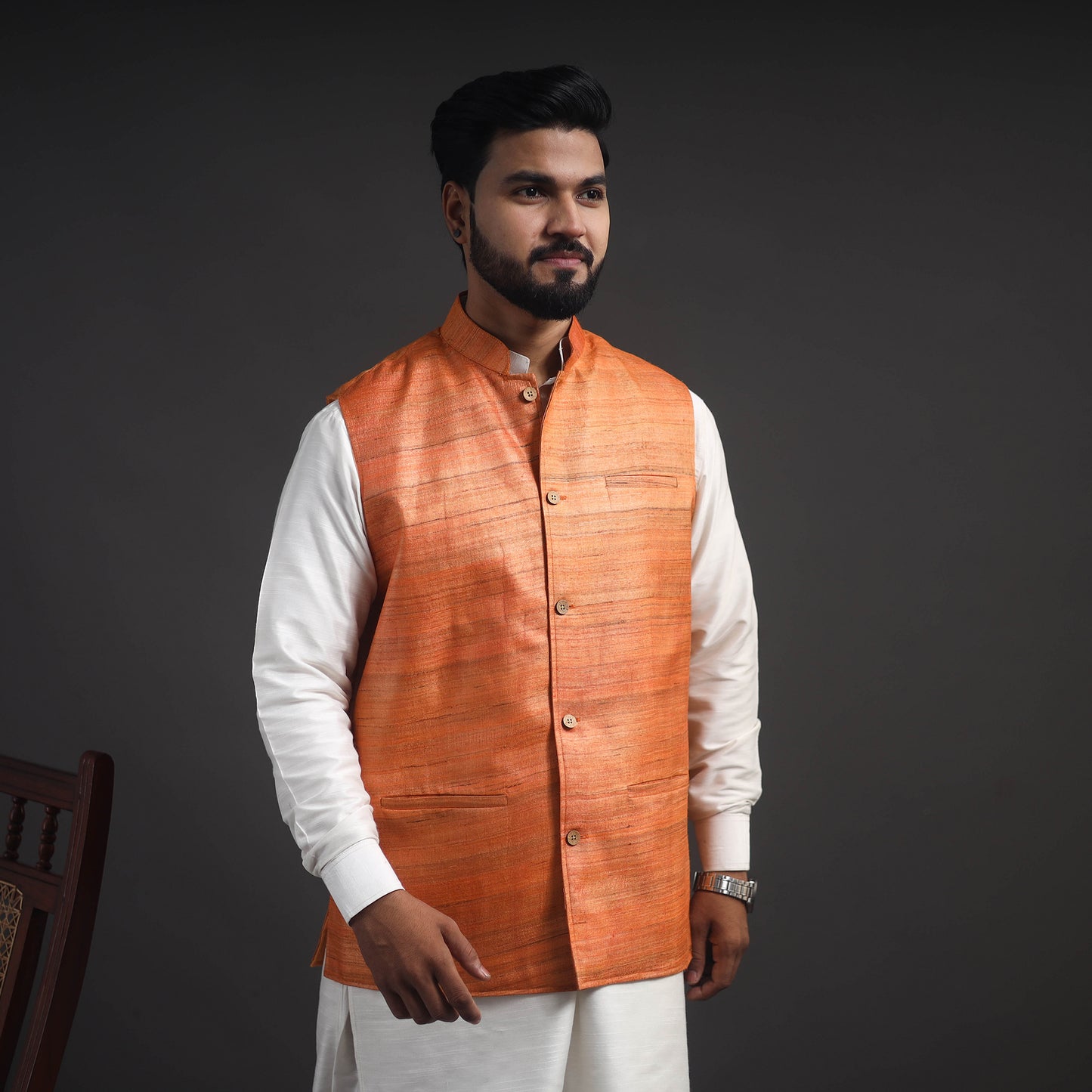 Orange - Vidarbha Tussar x Ghicha Silk Handloom Nehru Jacket 04