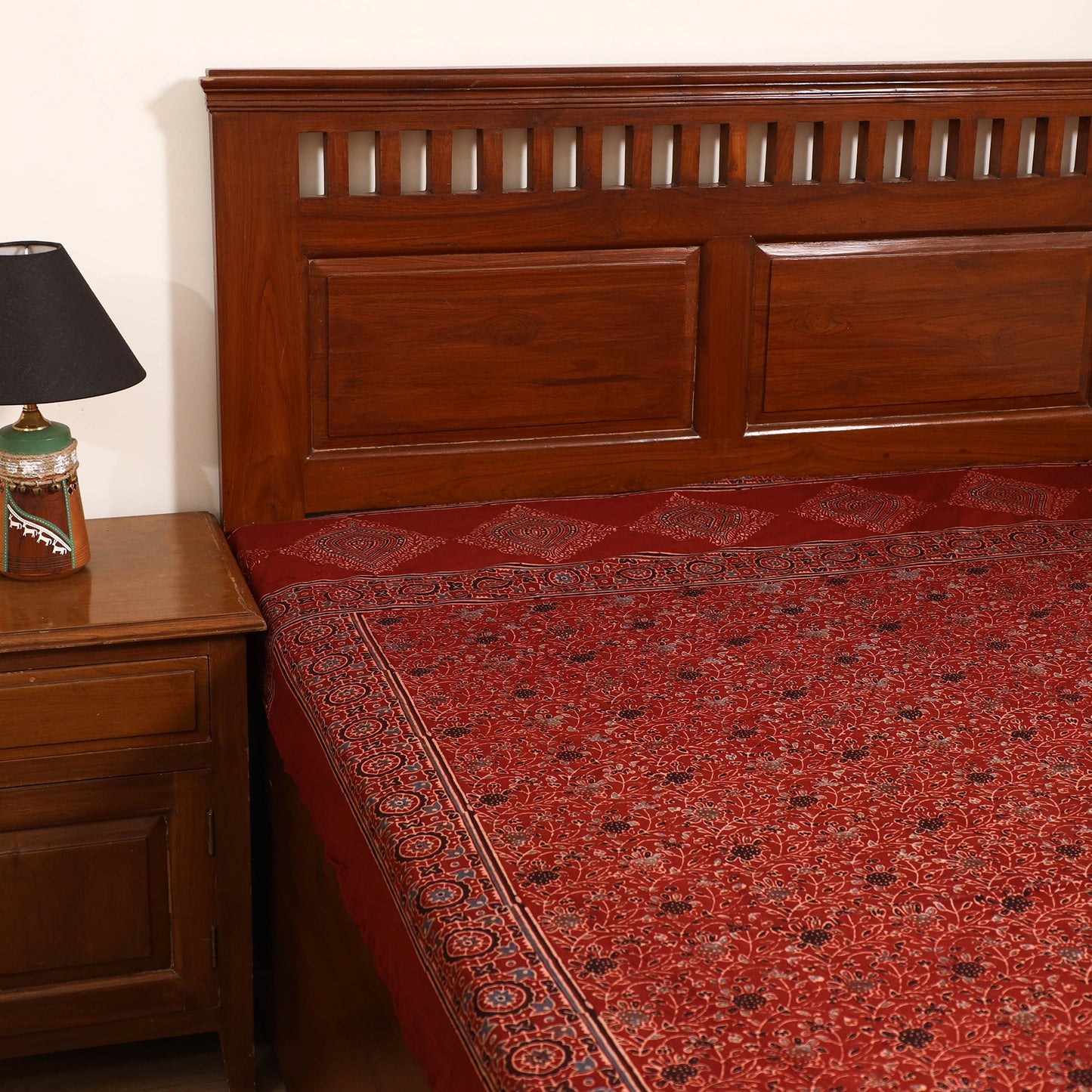 Ajrakh Hand Block Print Natural Dyed Cotton Single Bed Sheet (90 x 60 in) 05