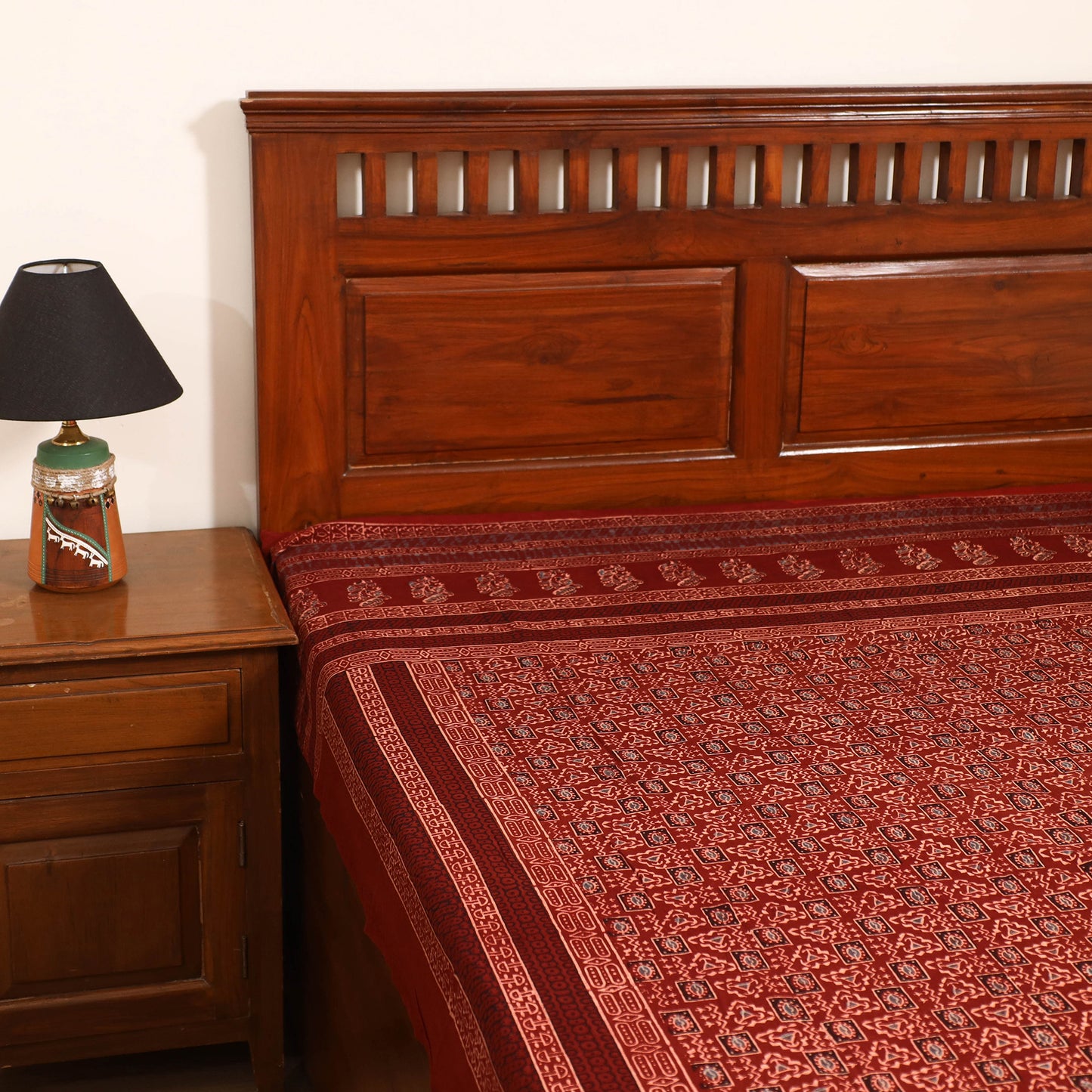 Ajrakh Hand Block Print Natural Dyed Cotton Single Bed Sheet (90 x 60 in) 06