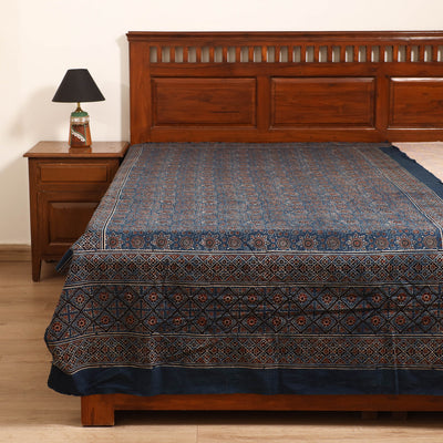 Ajrakh Hand Block Print Natural Dyed Cotton Single Bed Sheet (90 x 60 in) 07