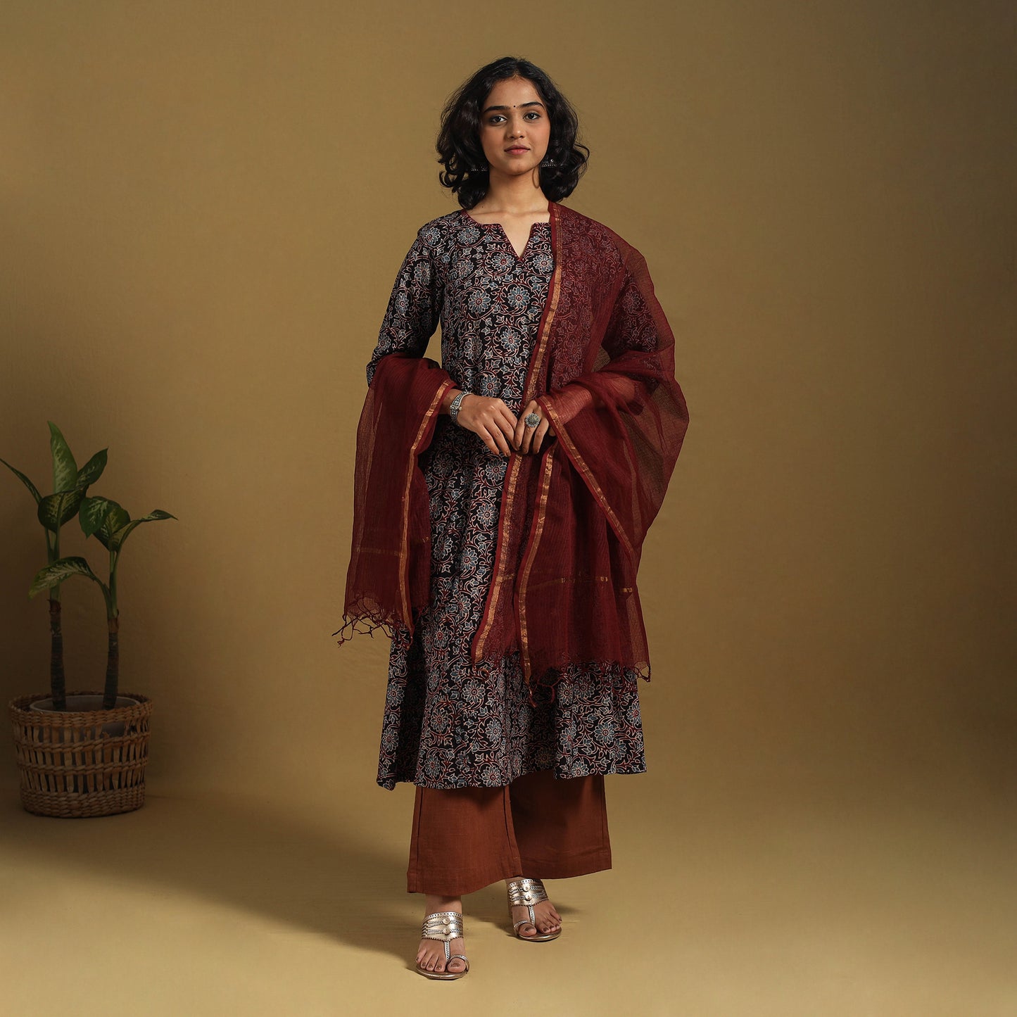 Black Natural Dyed Block Print Cotton Ajrakh Kurta Set (Set of 3)