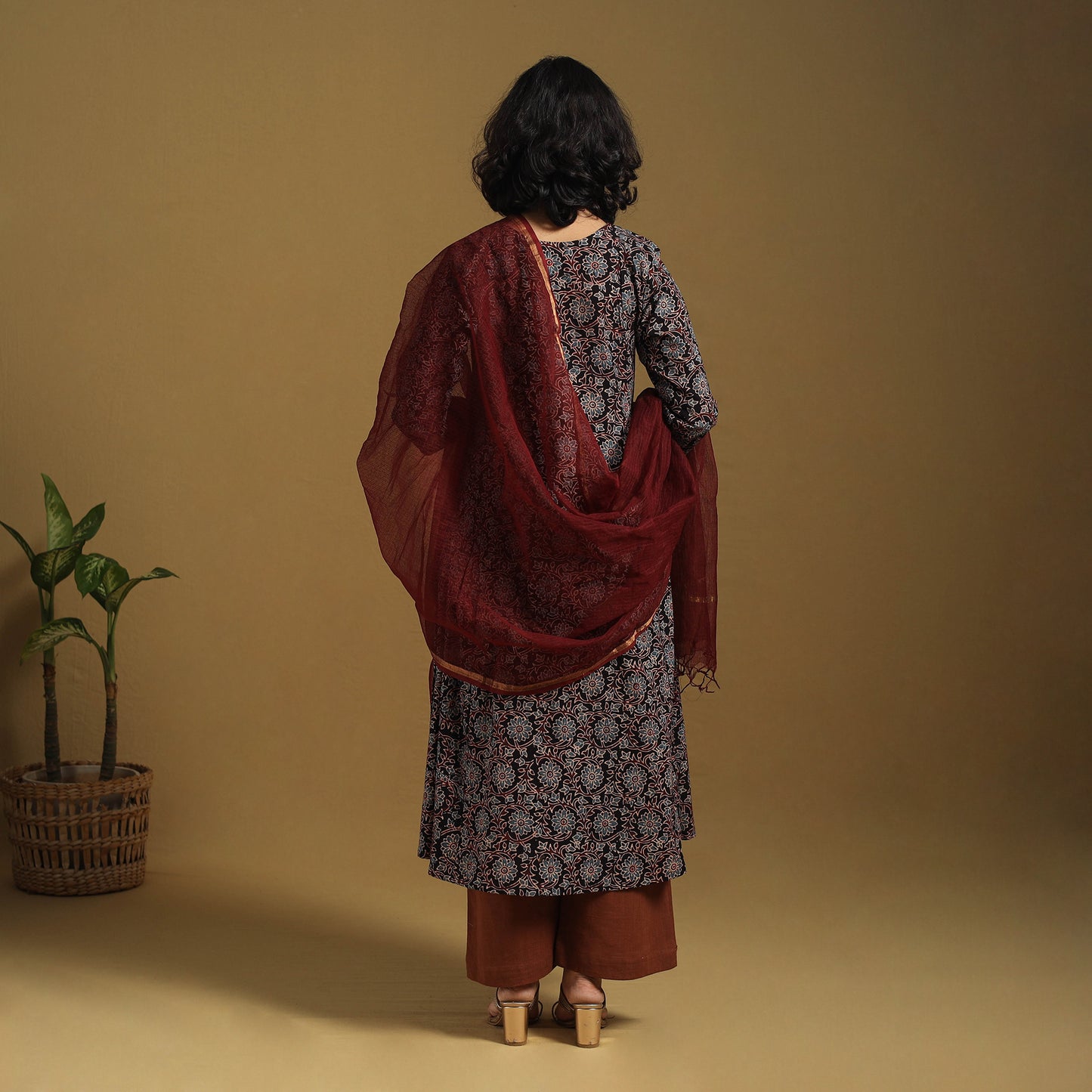 Black Natural Dyed Block Print Cotton Ajrakh Kurta Set (Set of 3)