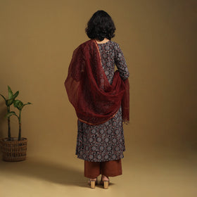 Black Natural Dyed Block Print Cotton Ajrakh Kurta Set (Set of 3)