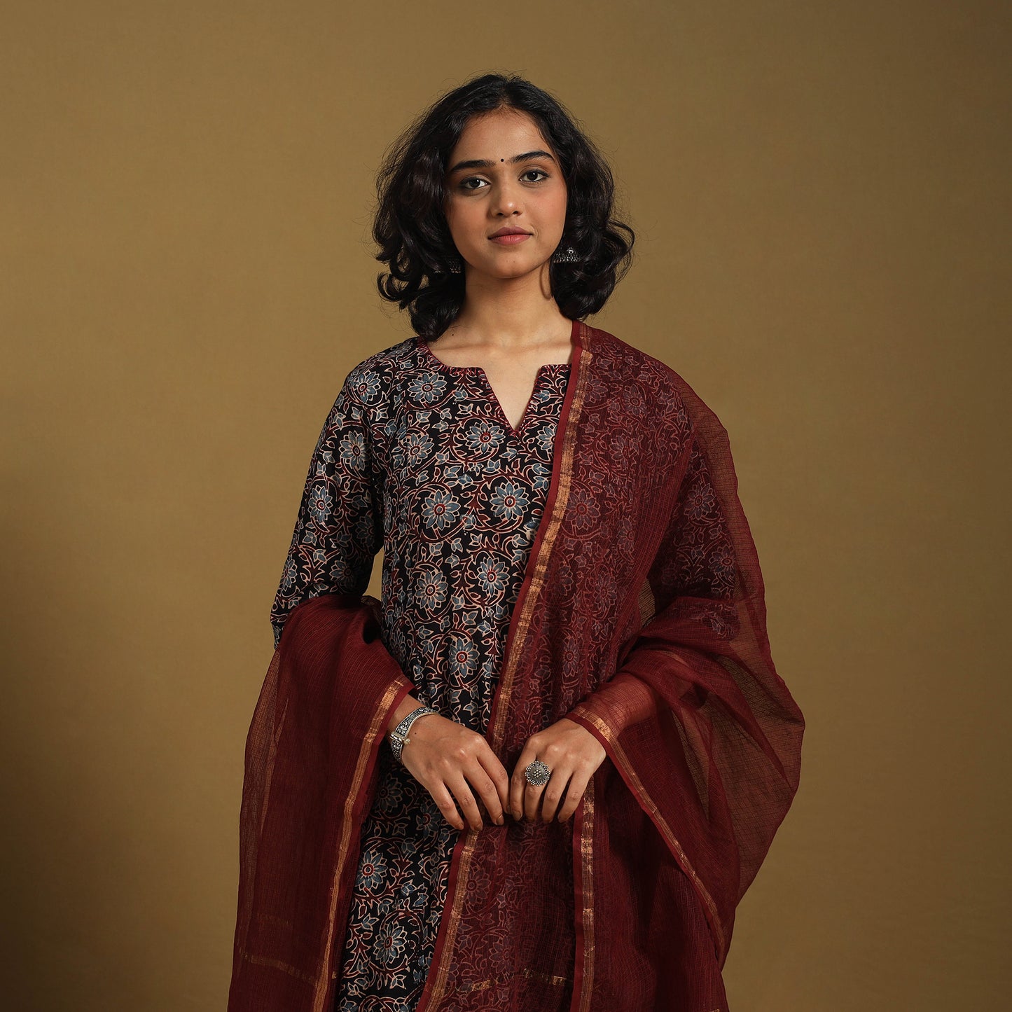 Black Natural Dyed Block Print Cotton Ajrakh Kurta Set (Set of 3)