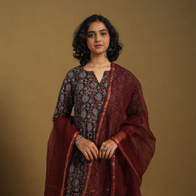 Black Natural Dyed Block Print Cotton Ajrakh Kurta Set (Set of 3)