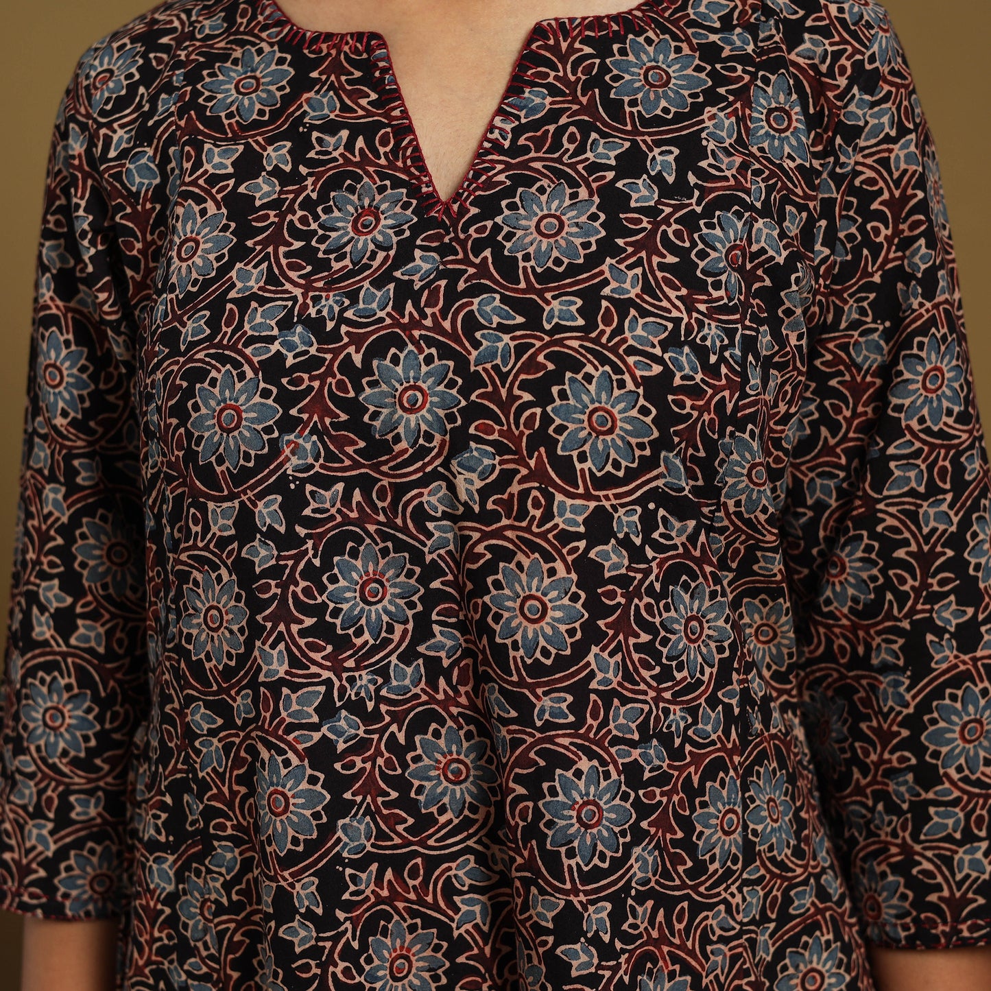 Black Natural Dyed Block Print Cotton Ajrakh Kurta Set (Set of 3)