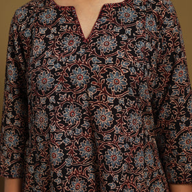 Black Natural Dyed Block Print Cotton Ajrakh Kurta Set (Set of 3)