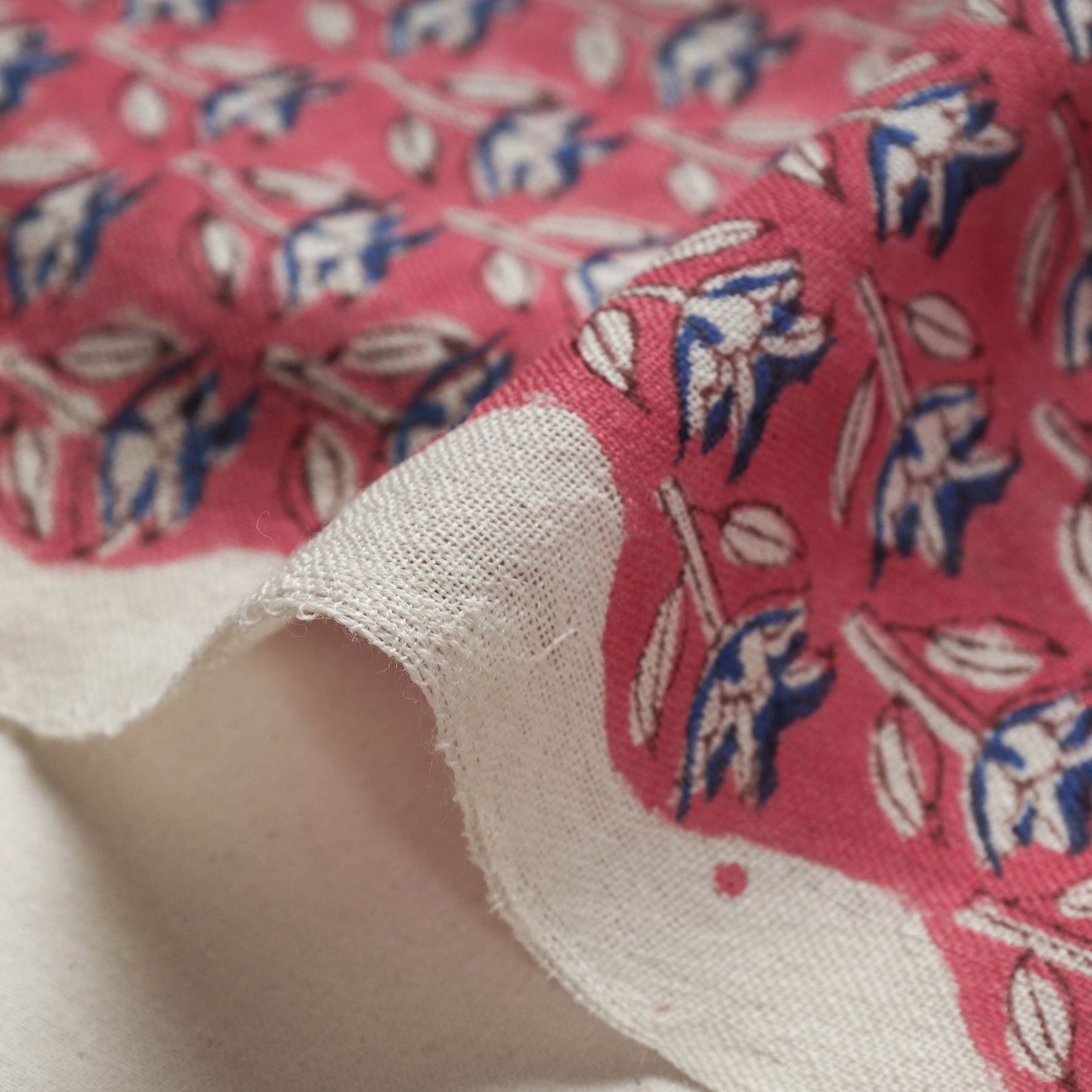 Pink - Blue Florets Special Pure Wool Handloom Sanganeri Hand Block Printed Fabric