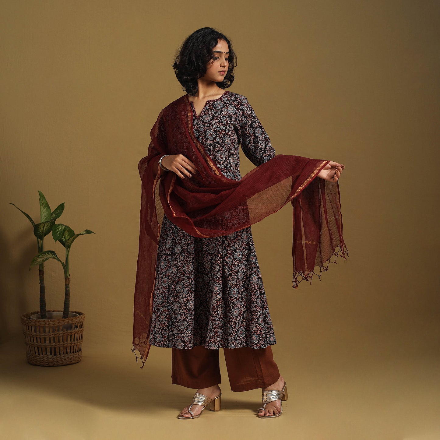 Black Natural Dyed Block Print Cotton Ajrakh Kurta Set (Set of 3)