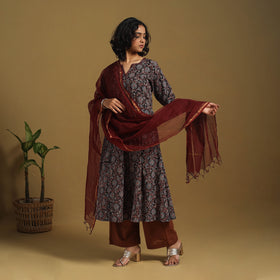 Black Natural Dyed Block Print Cotton Ajrakh Kurta Set (Set of 3)