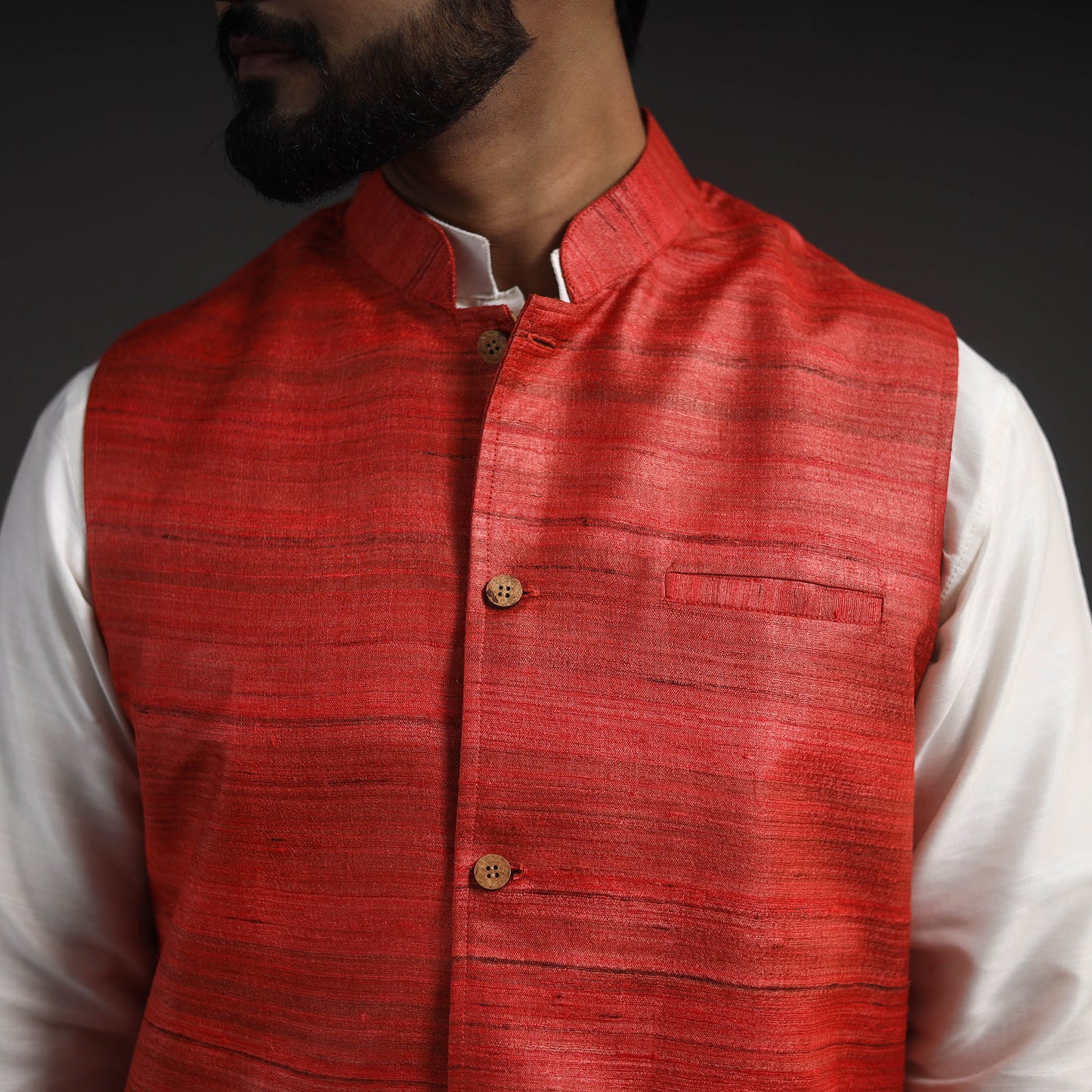 Red - Vidarbha Tussar x Ghicha Silk Handloom Nehru Jacket 05