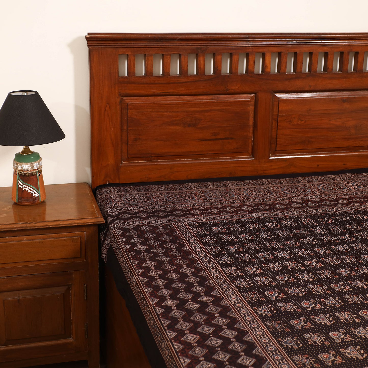 Ajrakh Hand Block Print Natural Dyed Cotton Single Bed Sheet (90 x 60 in) 09
