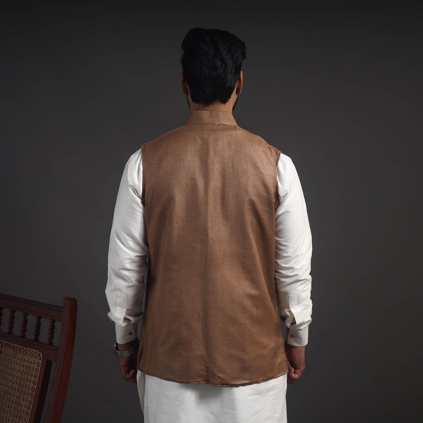 Brown - Vidarbha Tussar x Katia Silk Handloom Nehru Jacket 06