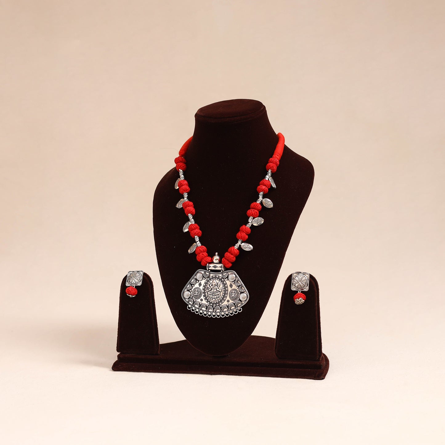 Red - german silver thread beads necklace set 33